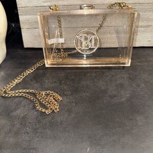 Badgley Michka Transparent Clear PVC Evening Bag With Gold Toned Chain